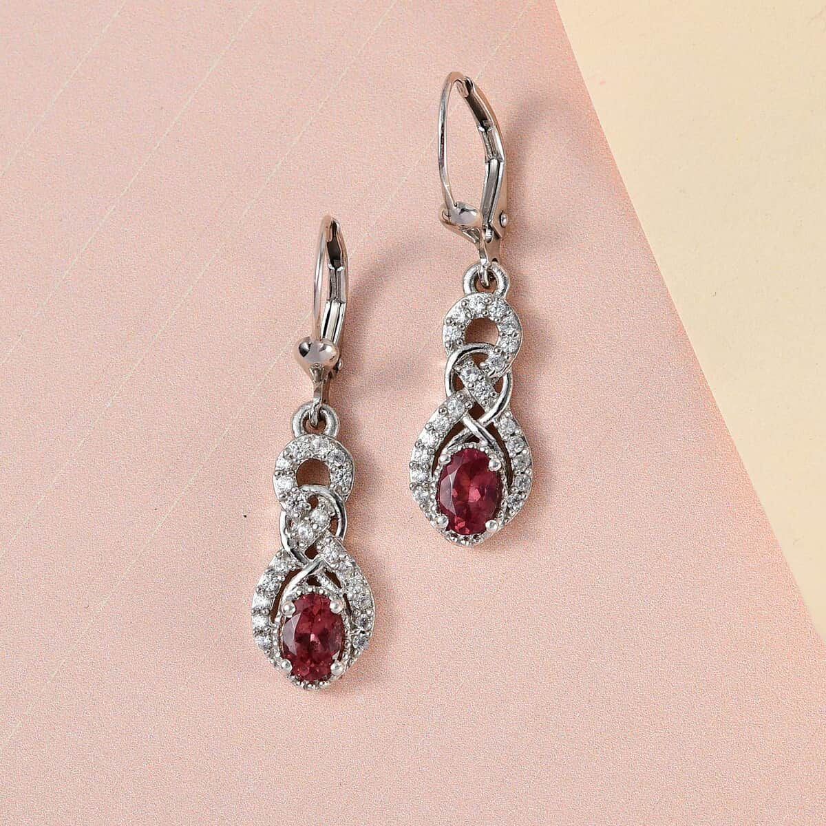 Red Apatite and White Zircon Dangling Earrings in Platinum Over Sterling Silver 1.40 ctw image number 1