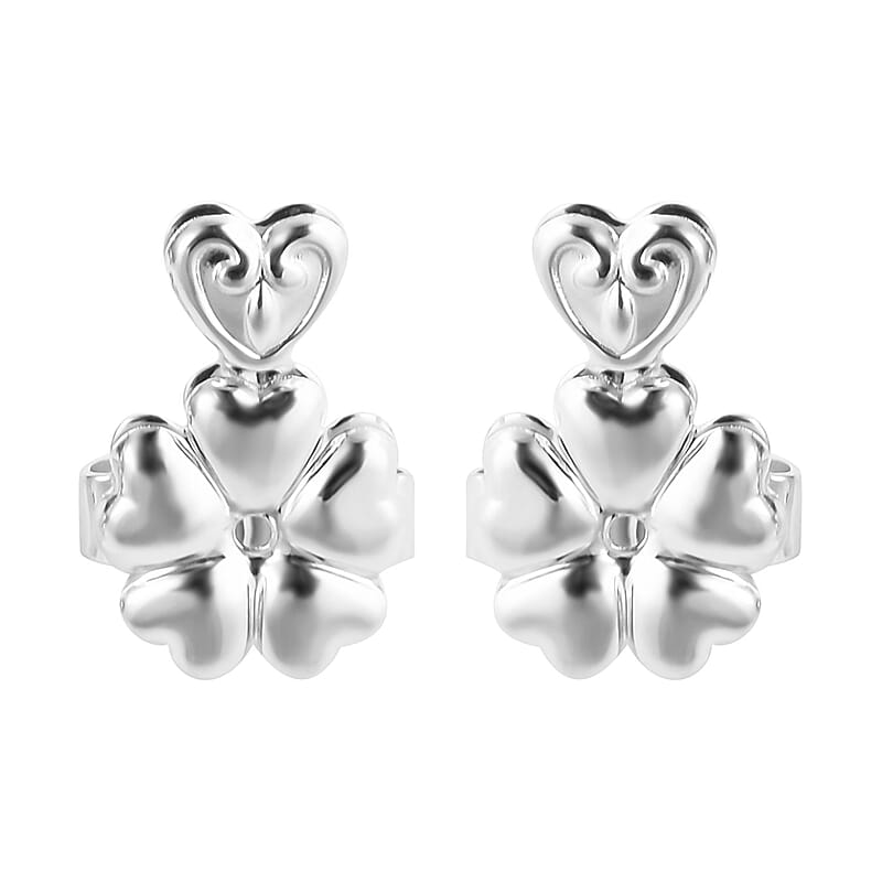 Rhodium Over Sterling Silver Heart and Flower Inspired Earring Lifter Push Backs