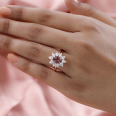 Red Rose Apatite and Moissanite Sunburst Ring in Vermeil Rose Gold Over Sterling Silver (Size 10.0) 2.65 ctw
