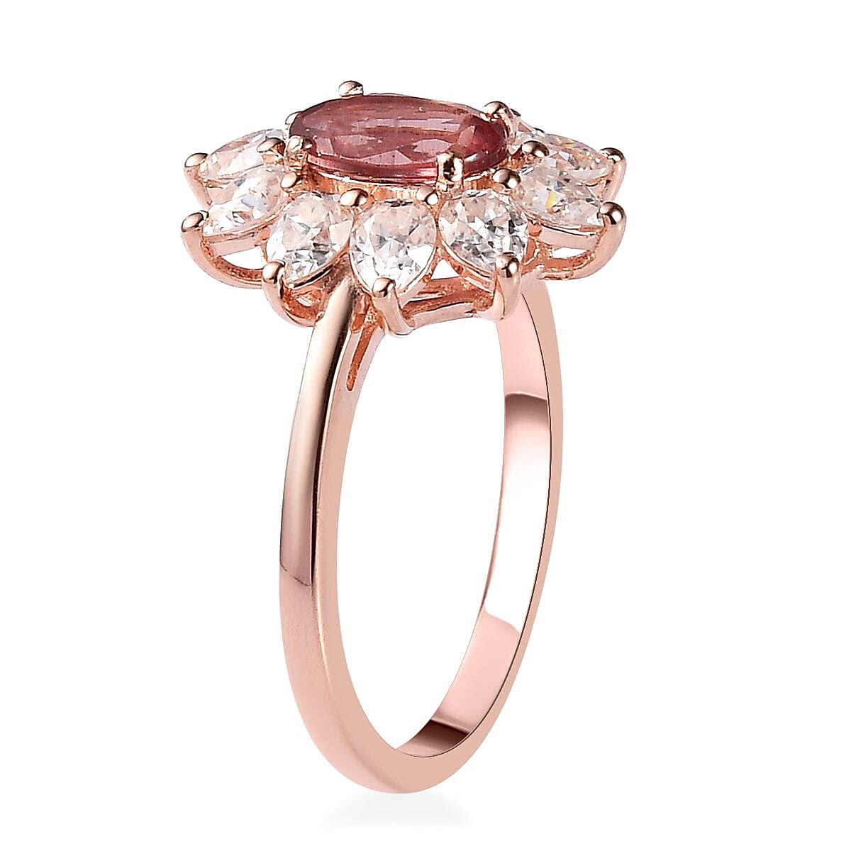 Red Rose Apatite and Moissanite Sunburst Ring in Vermeil Rose Gold Over Sterling Silver (Size 10.0) 2.65 ctw