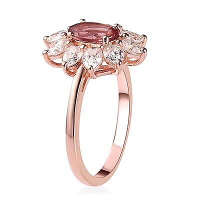 Red Rose Apatite and Moissanite Sunburst Ring in Vermeil Rose Gold Over Sterling Silver (Size 10.0) 2.65 ctw