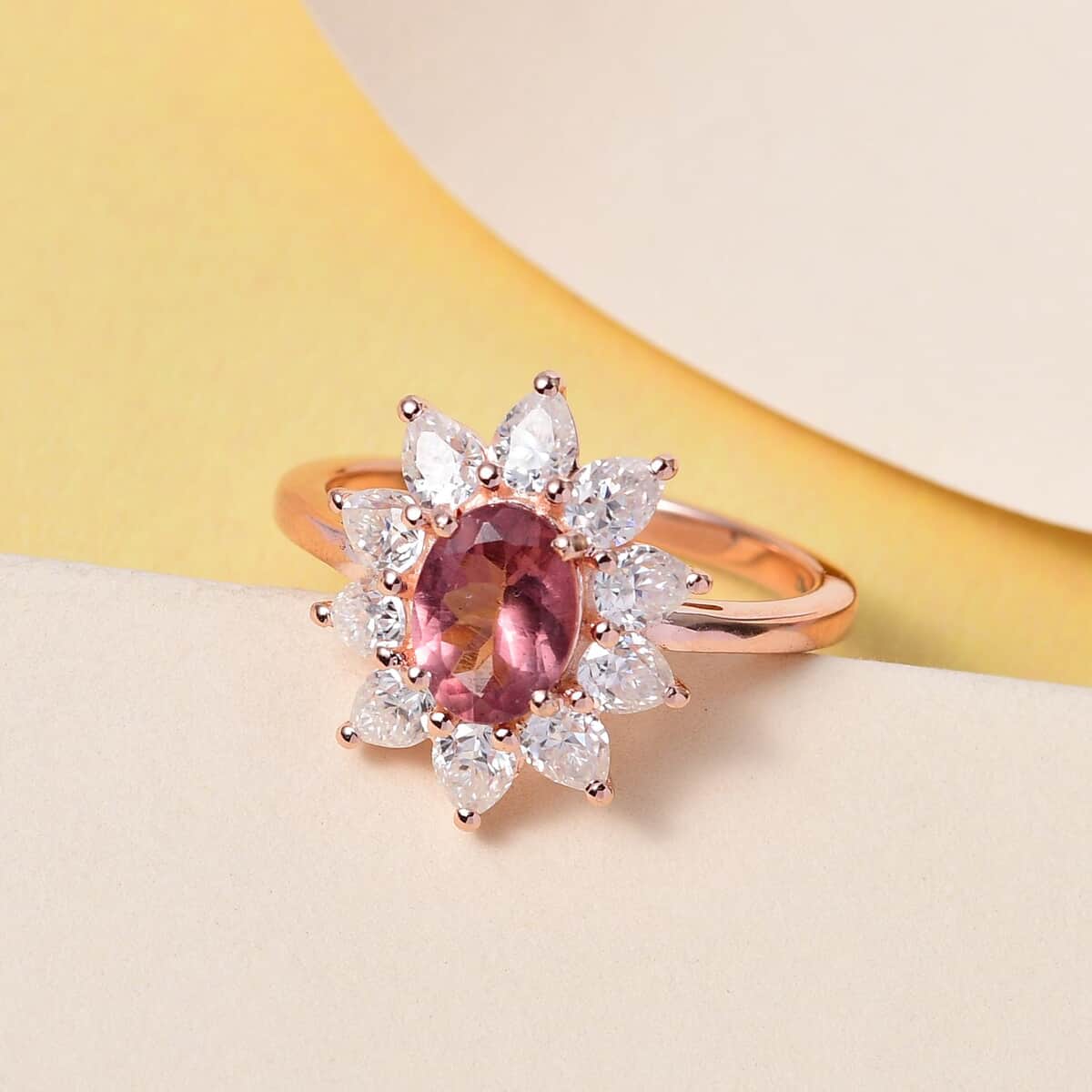 Red Rose Apatite and Moissanite Sunburst Ring in Vermeil Rose Gold Over Sterling Silver (Size 7.0) 2.65 ctw image number 1