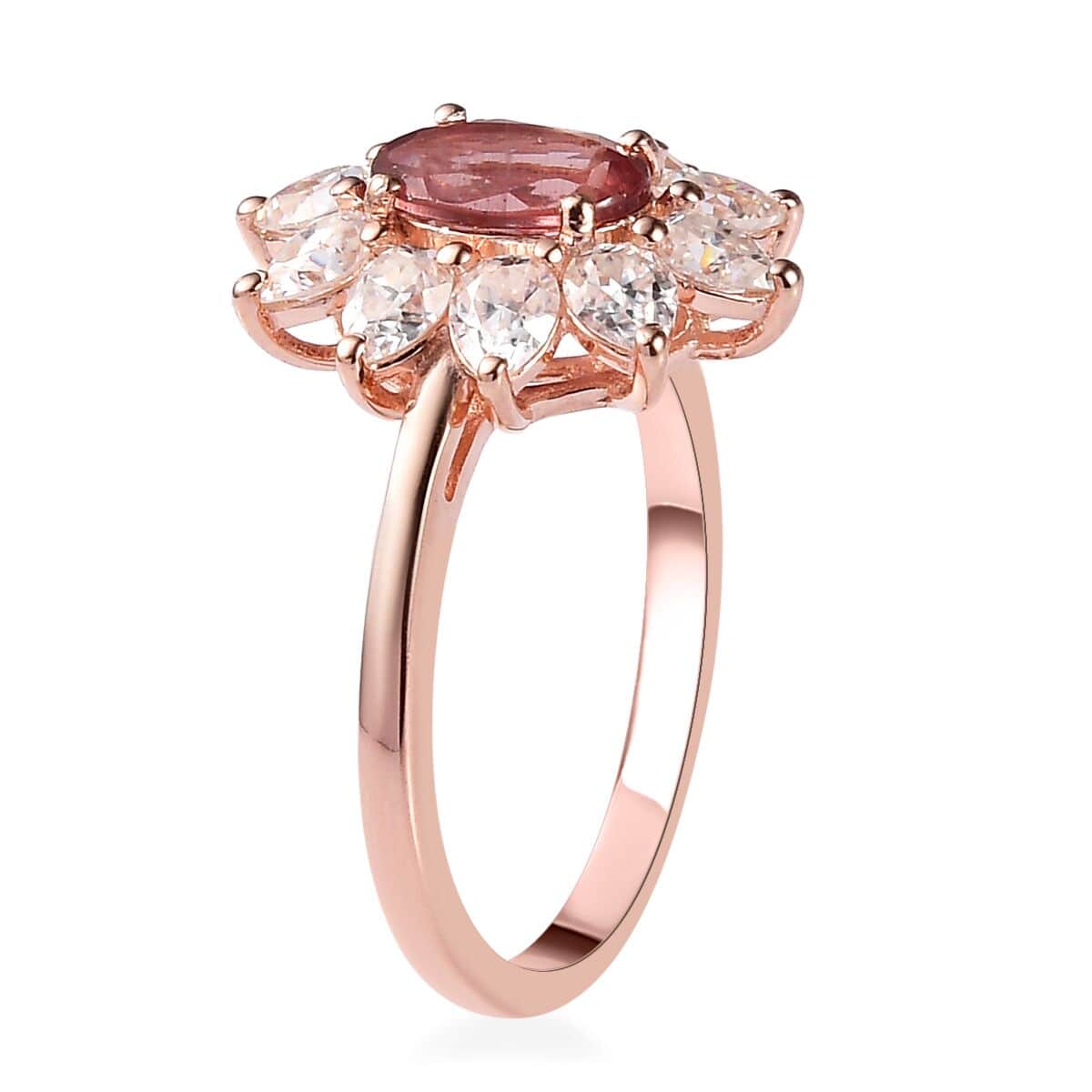 Red Rose Apatite and Moissanite Sunburst Ring in Vermeil Rose Gold Over Sterling Silver (Size 7.0) 2.65 ctw image number 3