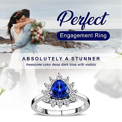 AAA Tanzanite, Moissanite Engagement Ring in Platinum Over Sterling Silver, Halo Ring For Women, Promise Rings 1.40 ctw (Size 10)