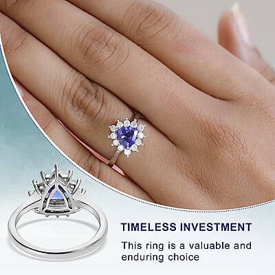 AAA Tanzanite, Moissanite Engagement Ring in Platinum Over Sterling Silver, Halo Ring For Women, Promise Rings 1.40 ctw (Size 10)