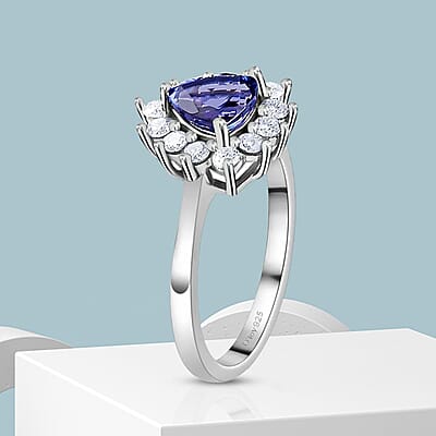 AAA Tanzanite, Moissanite Engagement Ring in Platinum Over Sterling Silver, Halo Ring For Women, Promise Rings 1.40 ctw (Size 10)