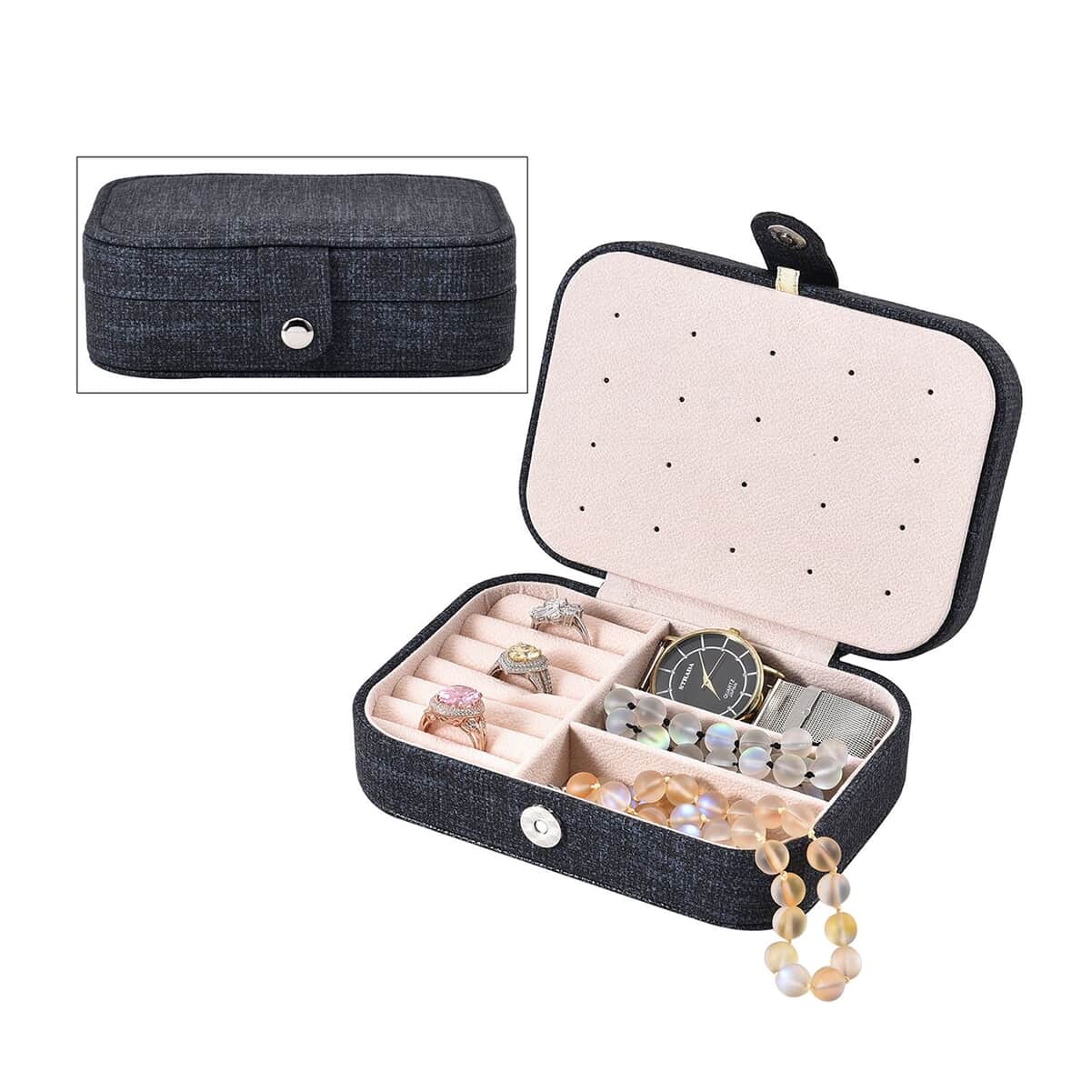 Dark Blue Woven Texture Faux Leather Jewelry Organizer with Button Closure (6.3"x4.5"x2.2") image number 0