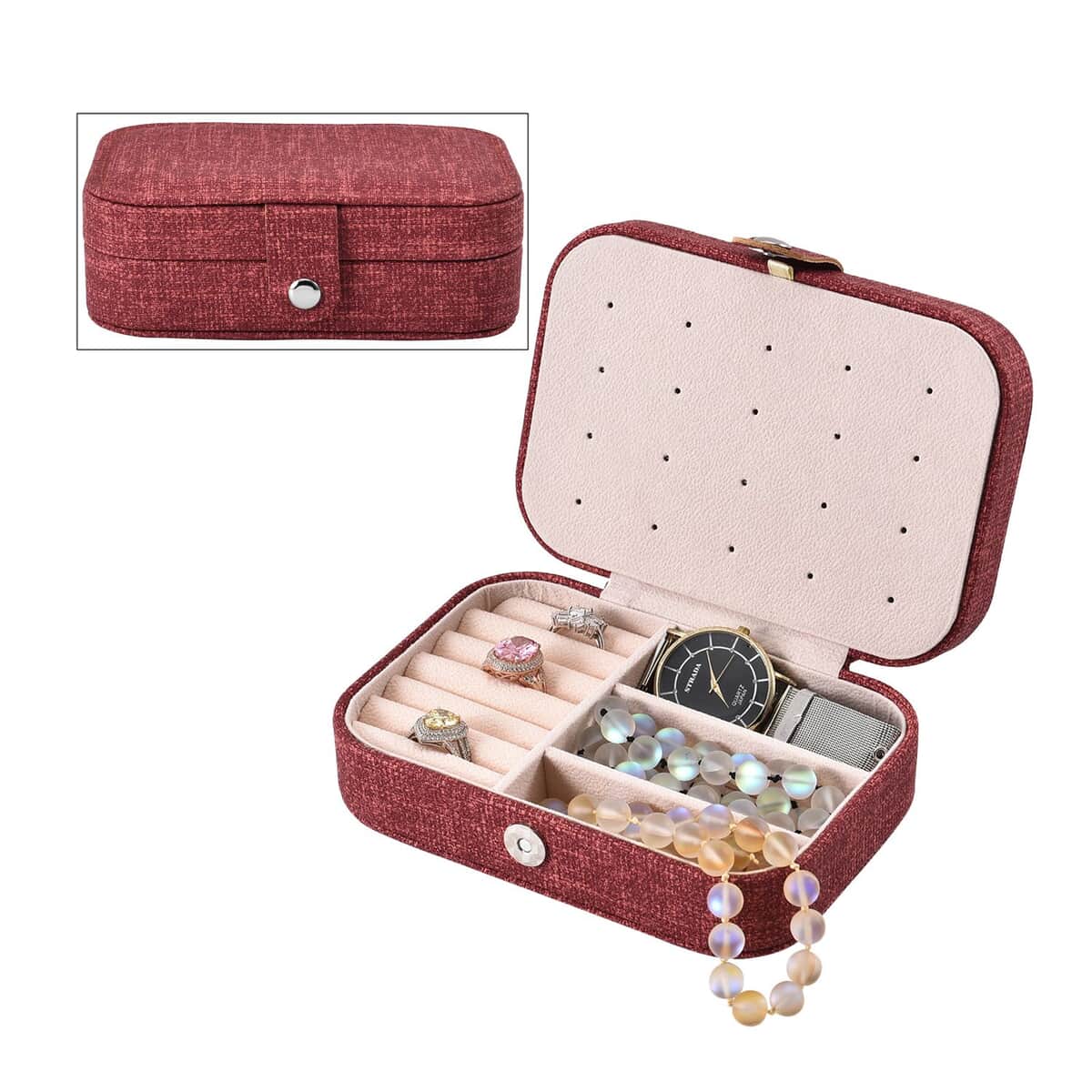 Red Woven Texture Faux Leather Jewelry Organizer with Button Closure image number 0