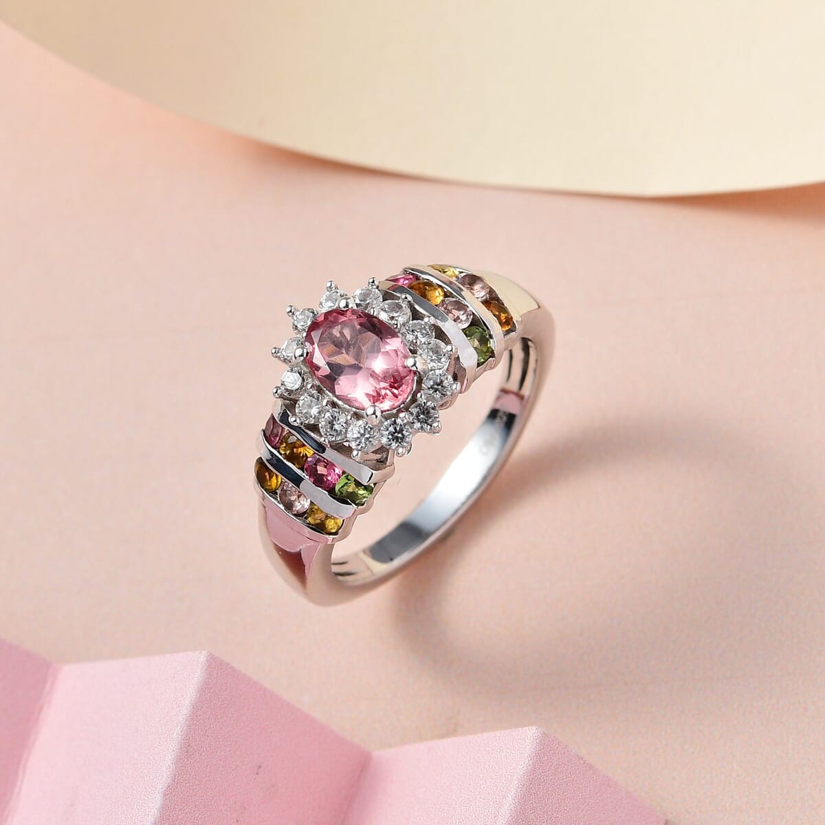 Natural Rose Apatite and Multi Gemstone Floral Ring in Platinum Over Sterling Silver 1.75 ctw image number 1