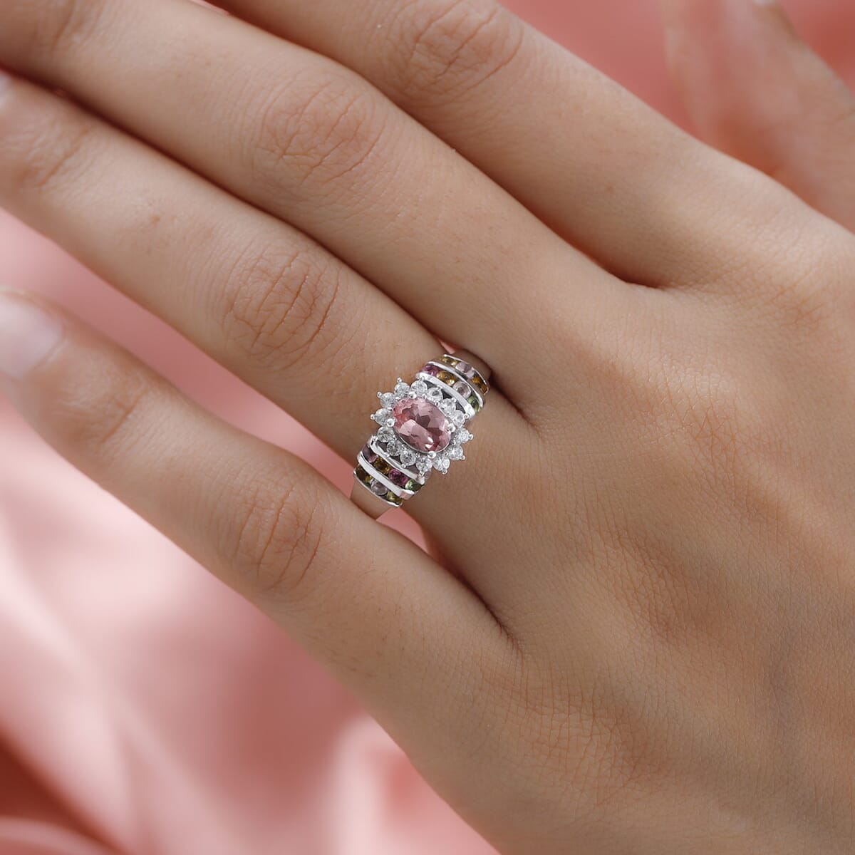 Natural Rose Apatite and Multi Gemstone Floral Ring in Platinum Over Sterling Silver 1.75 ctw image number 2