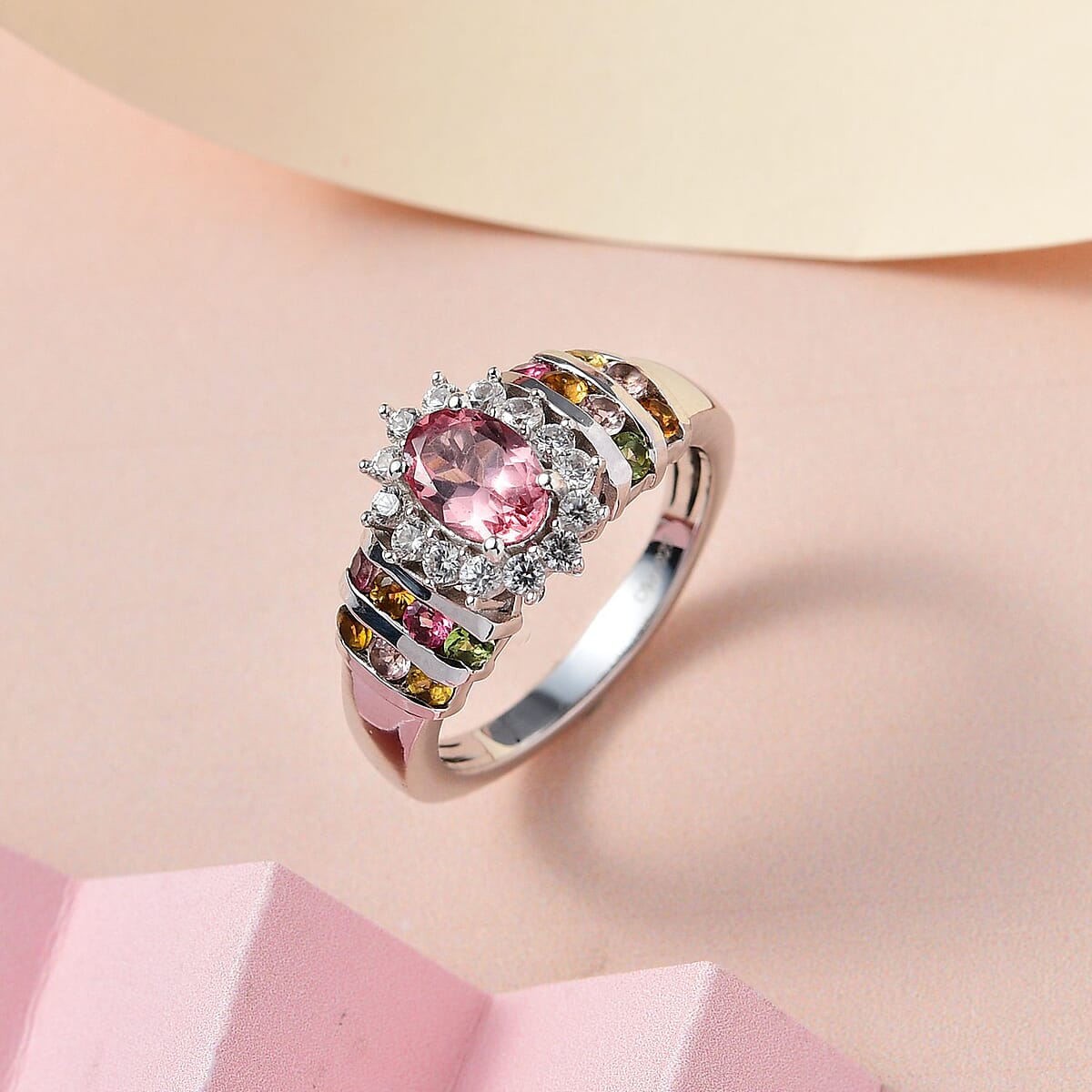 Champagne Rose Apatite and Multi Gemstone Floral Ring in Platinum Over Sterling Silver (Size 7.0) 1.75 ctw image number 1