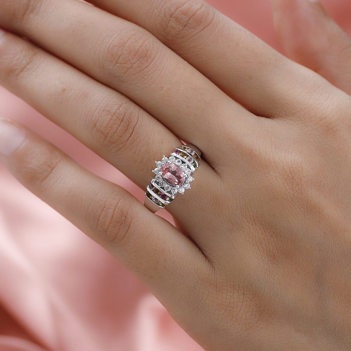 Champagne Rose Apatite and Multi Gemstone Floral Ring in Platinum Over Sterling Silver (Size 7.0) 1.75 ctw image number 2