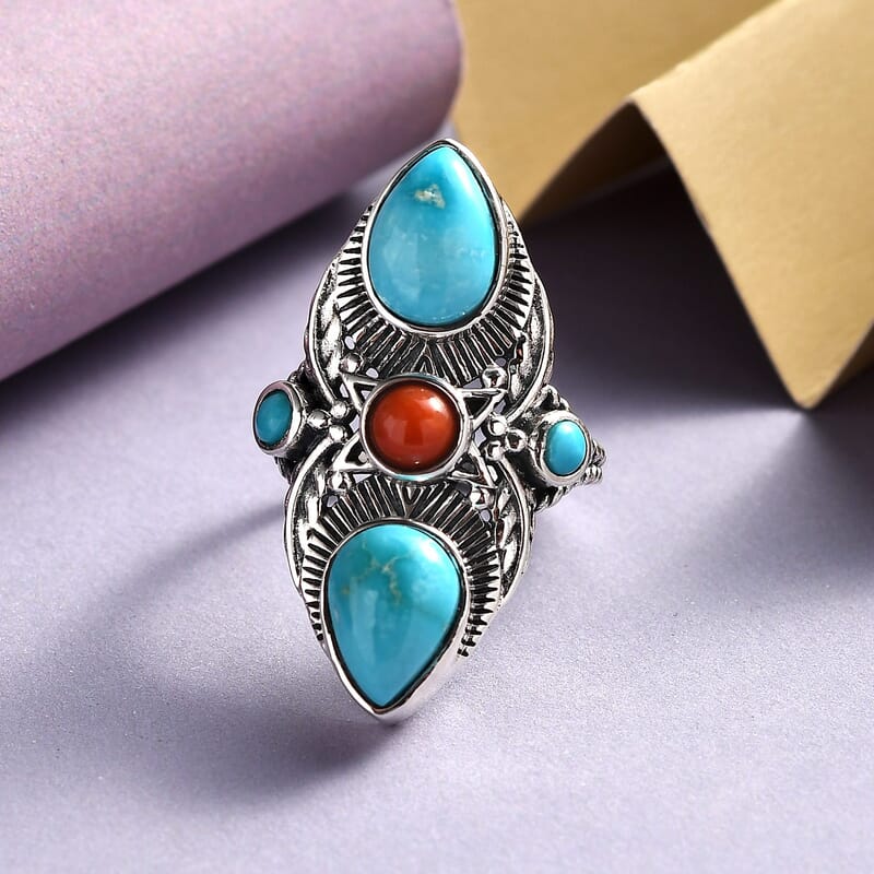 Artisan Crafted Blue ridge Turquoise and Multi Gemstone Ring in Sterling Silver (Size 10.0) 4.75 ctw