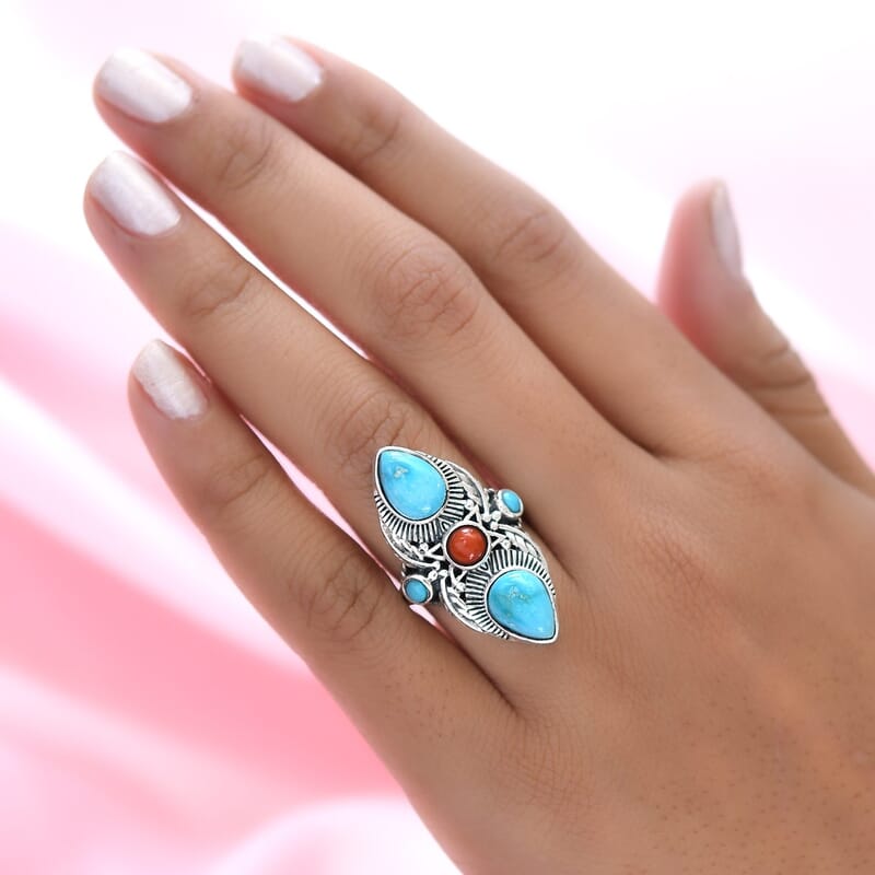 Artisan Crafted Blue ridge Turquoise and Multi Gemstone Ring in Sterling Silver (Size 10.0) 4.75 ctw