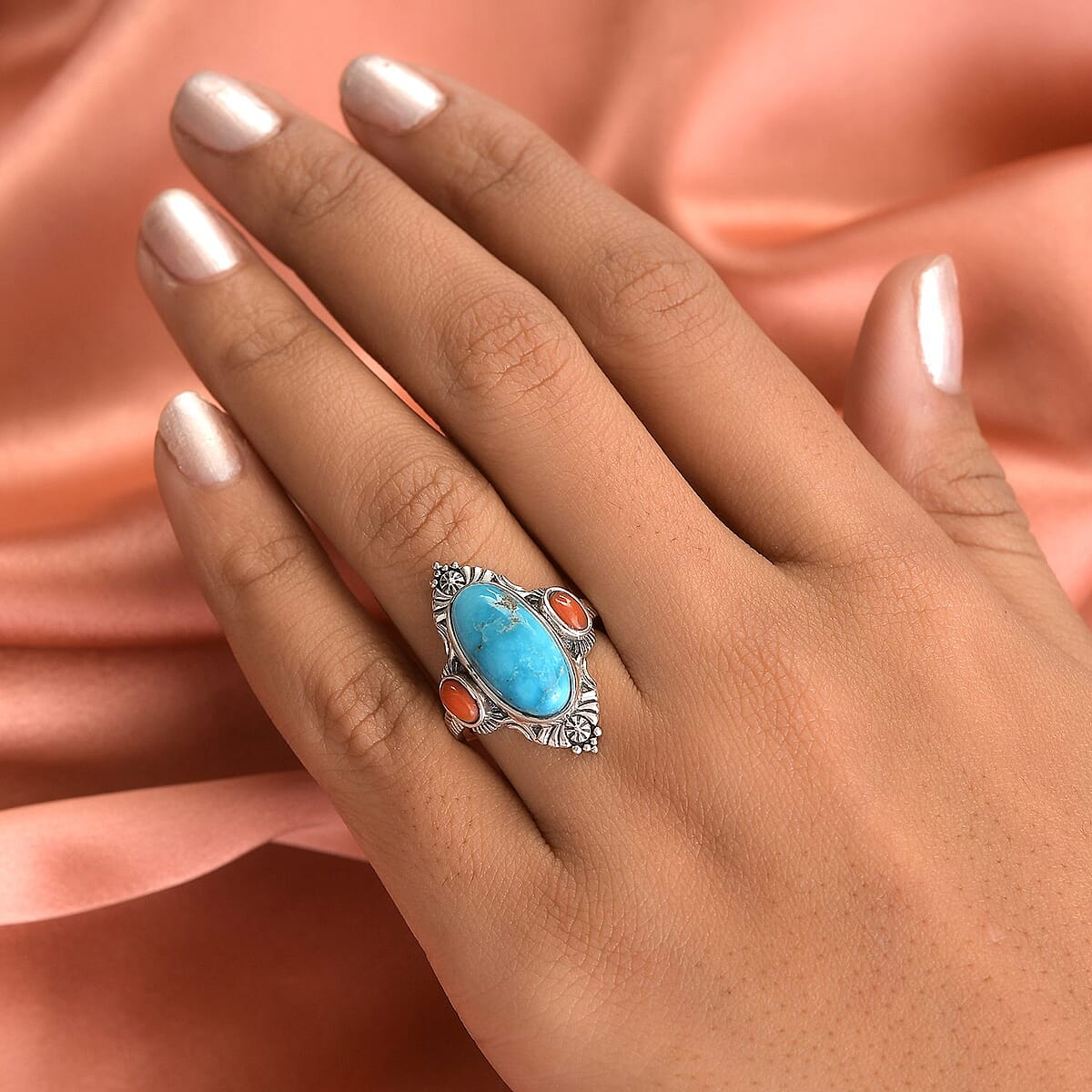 Artisan Crafted American Natural Blue Ridge Turquoise and Mediterranean Coral Ring in Sterling Silver 6.00 ctw image number 2
