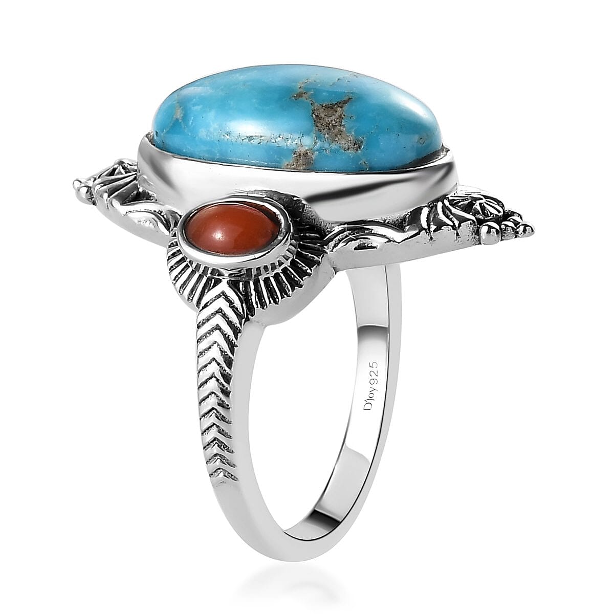 Artisan Crafted American Natural Blue Ridge Turquoise and Mediterranean Coral Ring in Sterling Silver 6.00 ctw image number 3