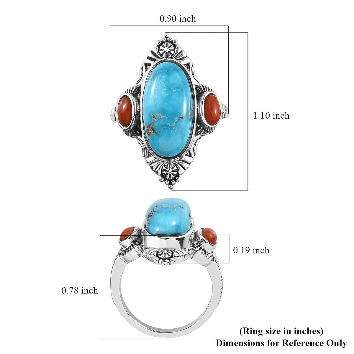 Artisan Crafted American Natural Blue Ridge Turquoise and Mediterranean Coral Ring in Sterling Silver 6.00 ctw image number 5