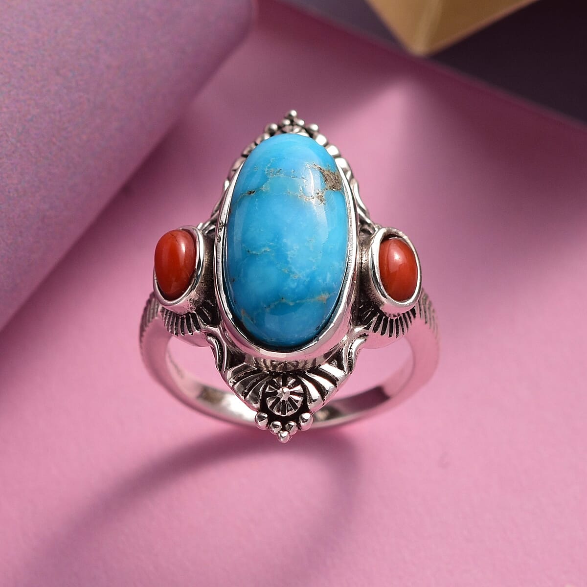 Artisan Crafted Blue Ridge Turquoise and Mediterranean Coral Ring in Sterling Silver (Size 6.0) 6.00 ctw image number 1