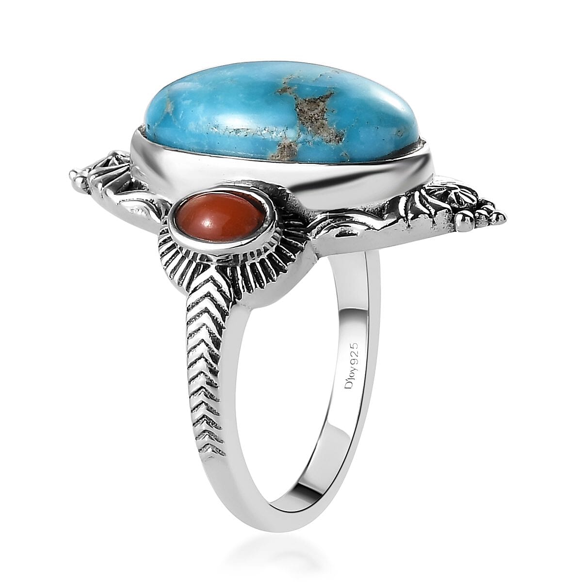 Artisan Crafted Blue Ridge Turquoise and Mediterranean Coral Ring in Sterling Silver (Size 6.0) 6.00 ctw image number 3
