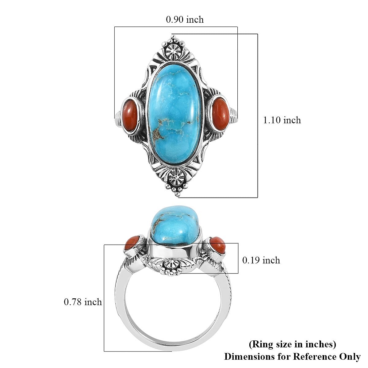 Artisan Crafted Blue Ridge Turquoise and Mediterranean Coral Ring in Sterling Silver (Size 6.0) 6.00 ctw image number 5