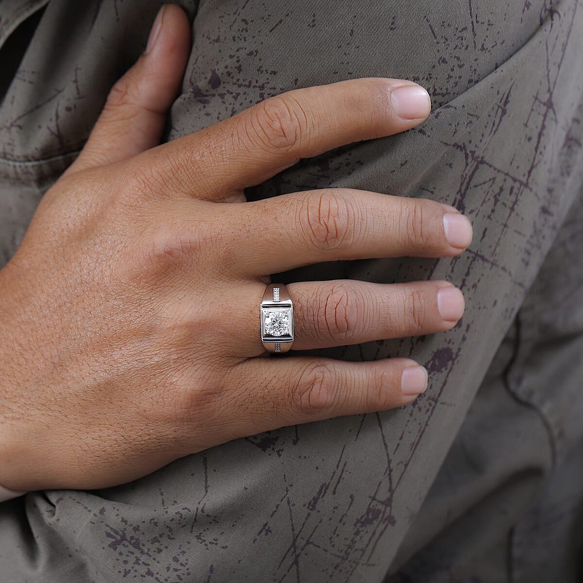 100 Facets Moissanite Men's Ring in Platinum Over Sterling Silver (Size 12.0) 2.15 ctw image number 2