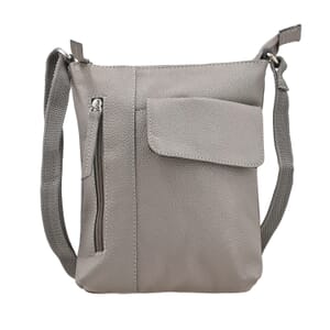 Gray Genuine Leather Crossbody Bag with Multiple Pockets