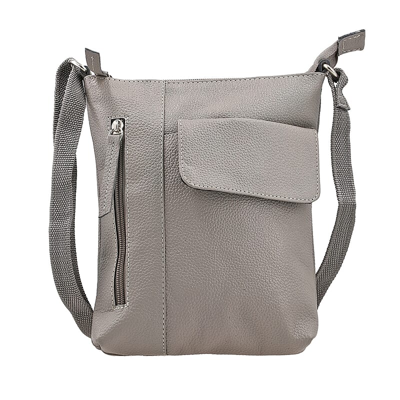 Gray Genuine Leather Crossbody Bag with Multiple Pockets