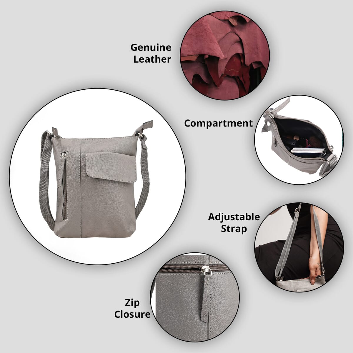 Gray Genuine Leather Crossbody Bag with Multiple Pockets image number 2