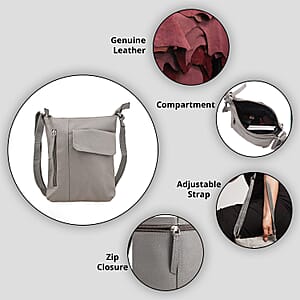 Gray Genuine Leather Crossbody Bag with Multiple Pockets