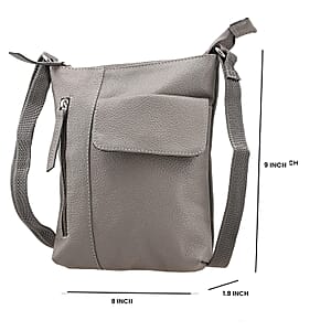 Gray Genuine Leather Crossbody Bag with Multiple Pockets