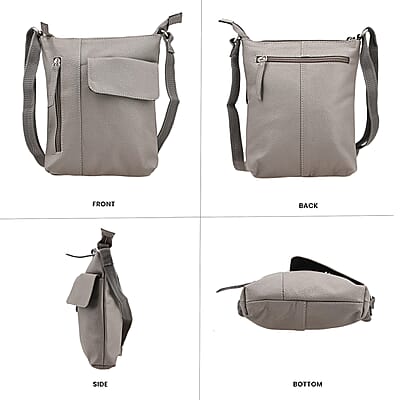 Gray Genuine Leather Crossbody Bag with Multiple Pockets