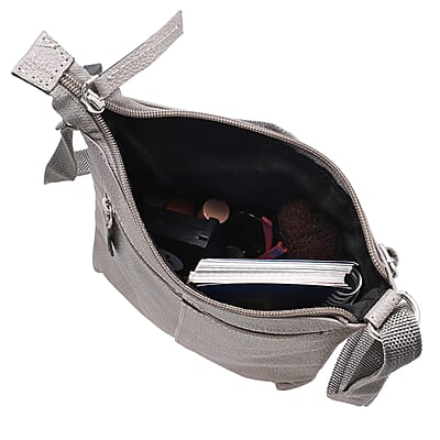 Gray Genuine Leather Crossbody Bag with Multiple Pockets