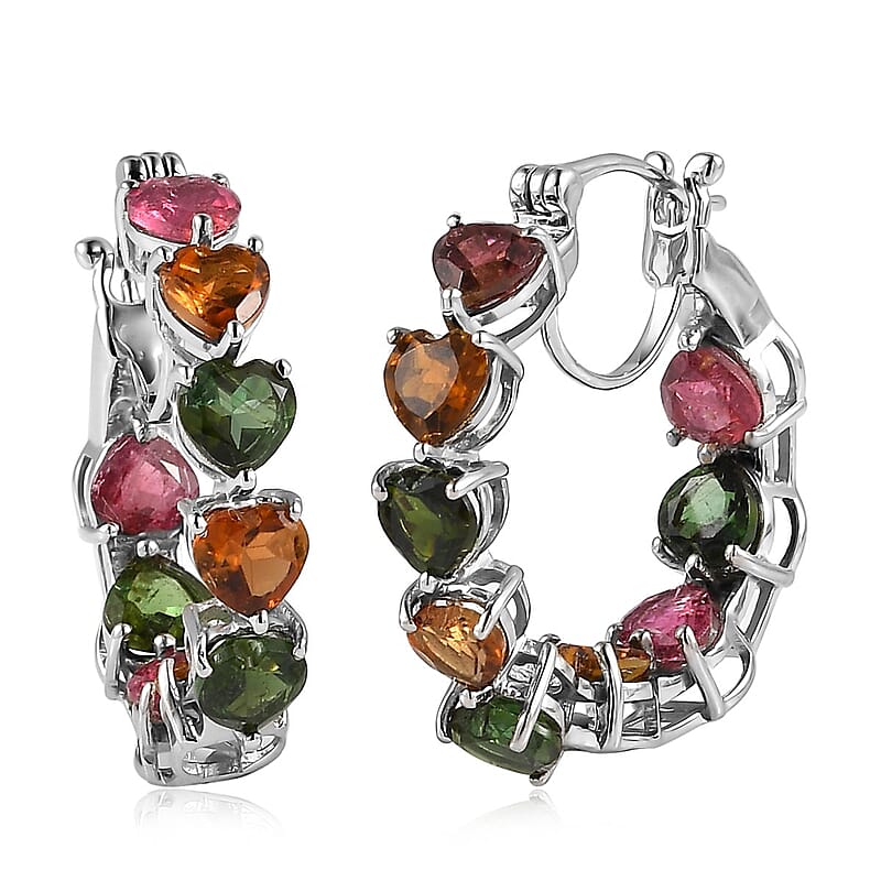 Multi-Tourmaline Hoop Earrings in Platinum Over Sterling Silver 7.40 ctw