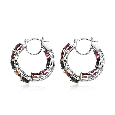 Multi-Tourmaline Hoop Earrings in Platinum Over Sterling Silver 7.40 ctw