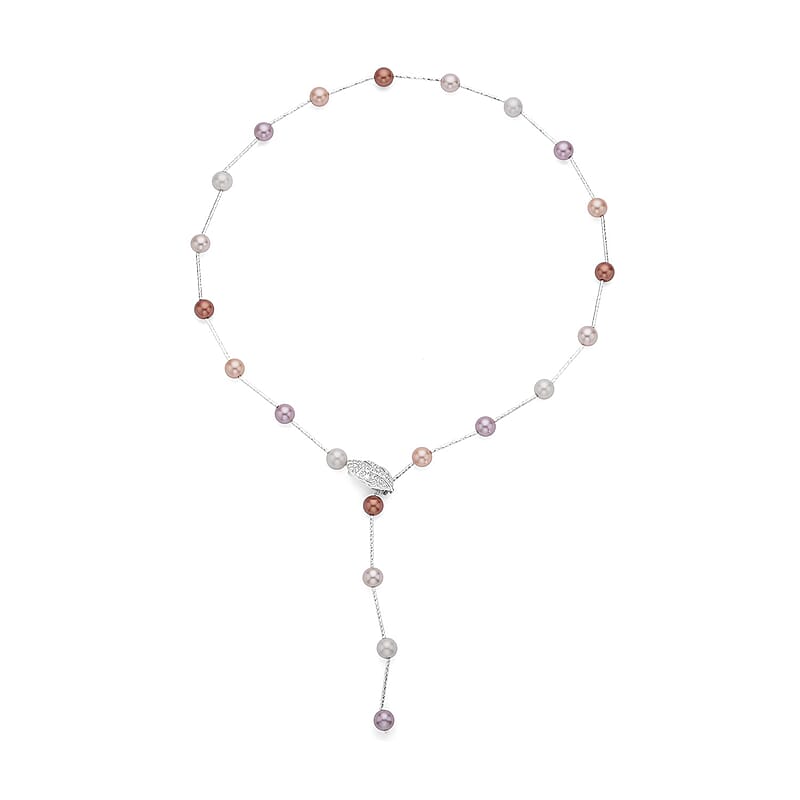 Multi Color Shell Pearls Lariat Necklace 24 Inches in Silvertone