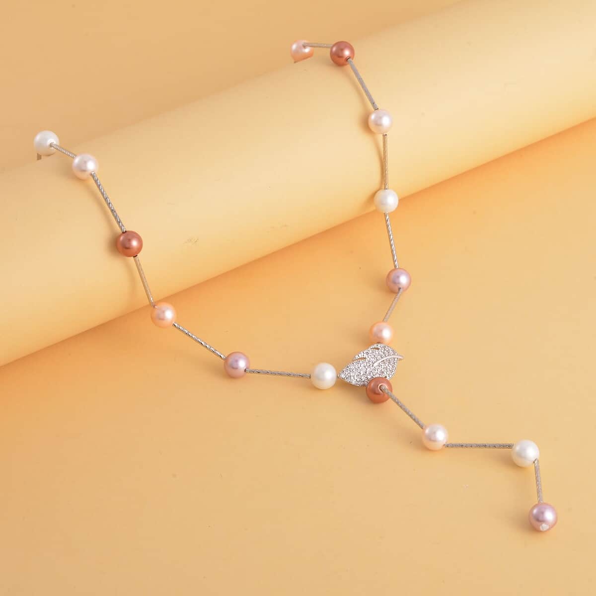 Multi Color Shell Pearls Lariat Necklace 24 Inches in Silvertone image number 1