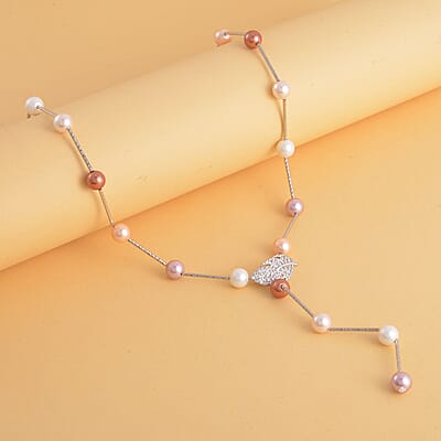 Multi Color Shell Pearls Lariat Necklace 24 Inches in Silvertone