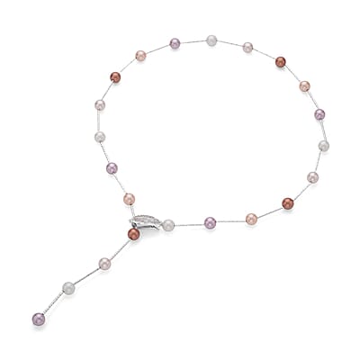 Multi Color Shell Pearls Lariat Necklace 24 Inches in Silvertone