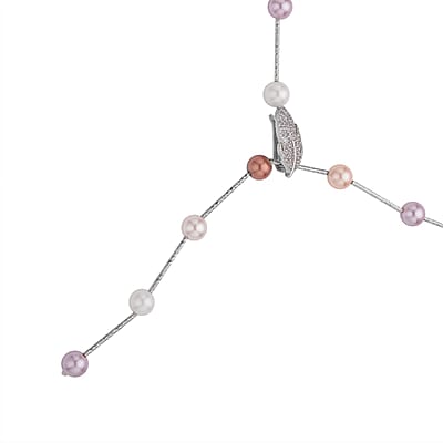 Multi Color Shell Pearls Lariat Necklace 24 Inches in Silvertone