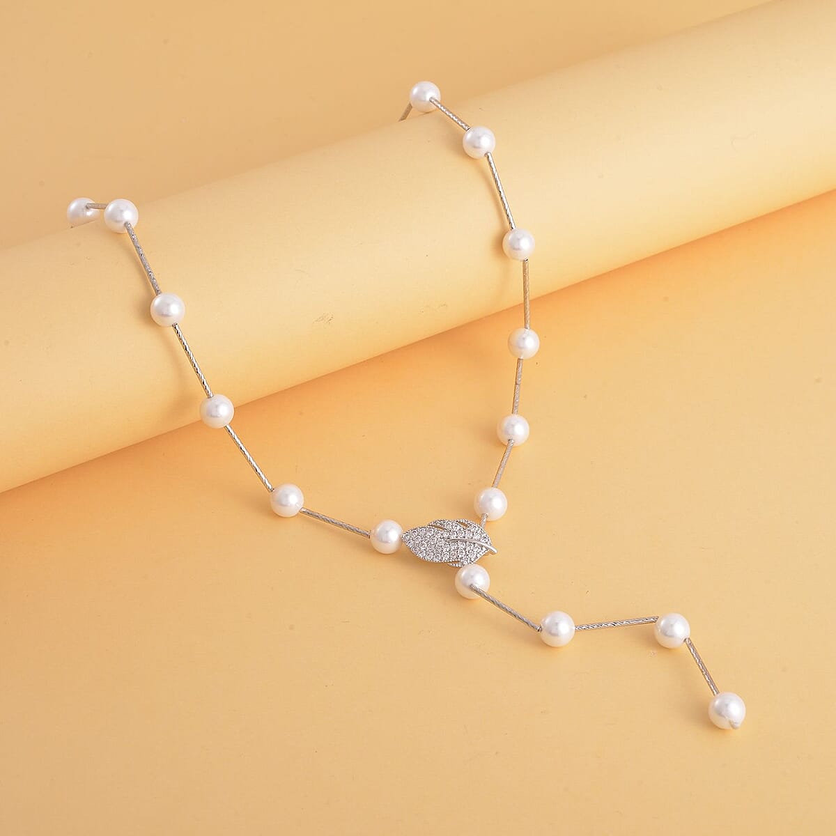 White Shell Pearl Lariat Necklace 24 Inches in Silvertone image number 1