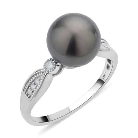 Tahitian Cultured Pearl and Moissanite Ring in Rhodium Over Sterling Silver (Size 10.0) 0.12 ctw image number 0