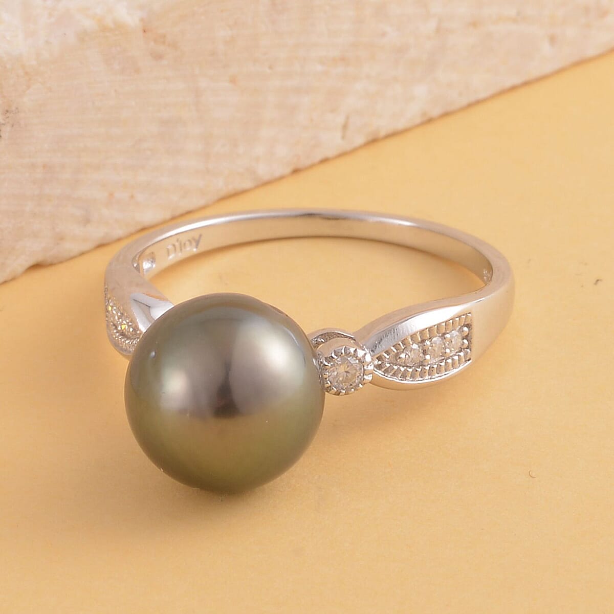 Tahitian Cultured Pearl and Moissanite Ring in Rhodium Over Sterling Silver (Size 7.0) 0.12 ctw image number 1