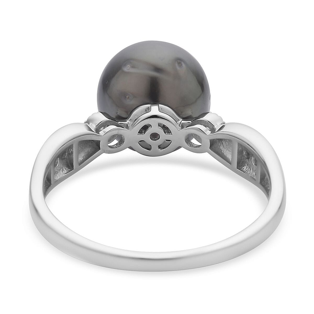 Tahitian Cultured Pearl and Moissanite Ring in Rhodium Over Sterling Silver (Size 7.0) 0.12 ctw image number 4