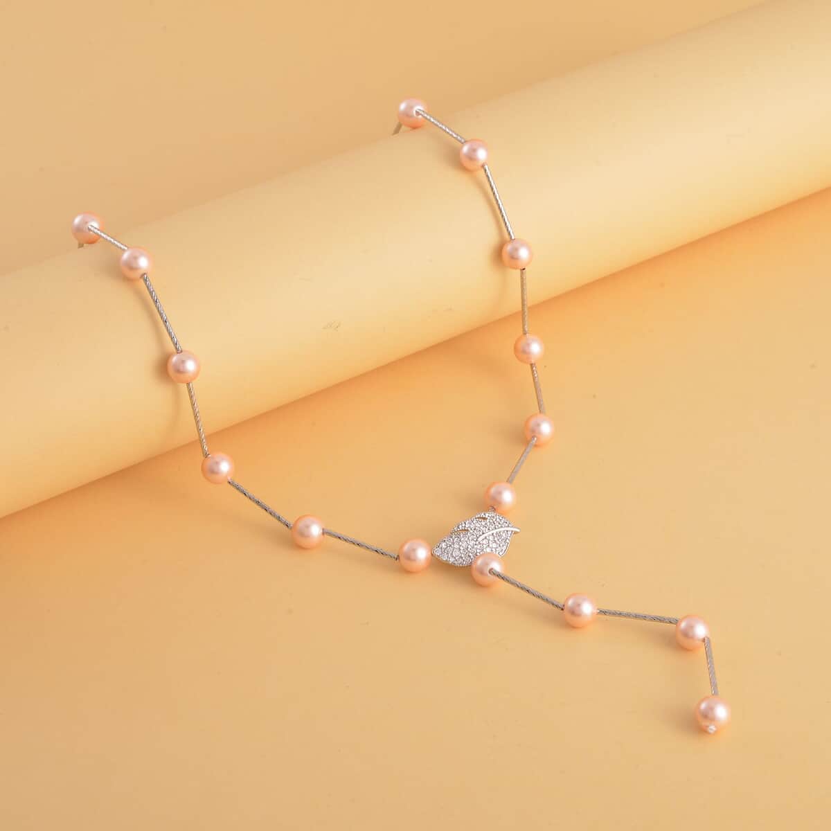 Peach Shell Pearl Lariat Necklace 24 Inches in Silvertone image number 1