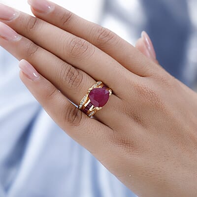 Niassa Ruby (FF) and White Zircon Ring in Vermeil Yellow Gold Over Sterling Silver (Size 10.0) 11.25 ctw