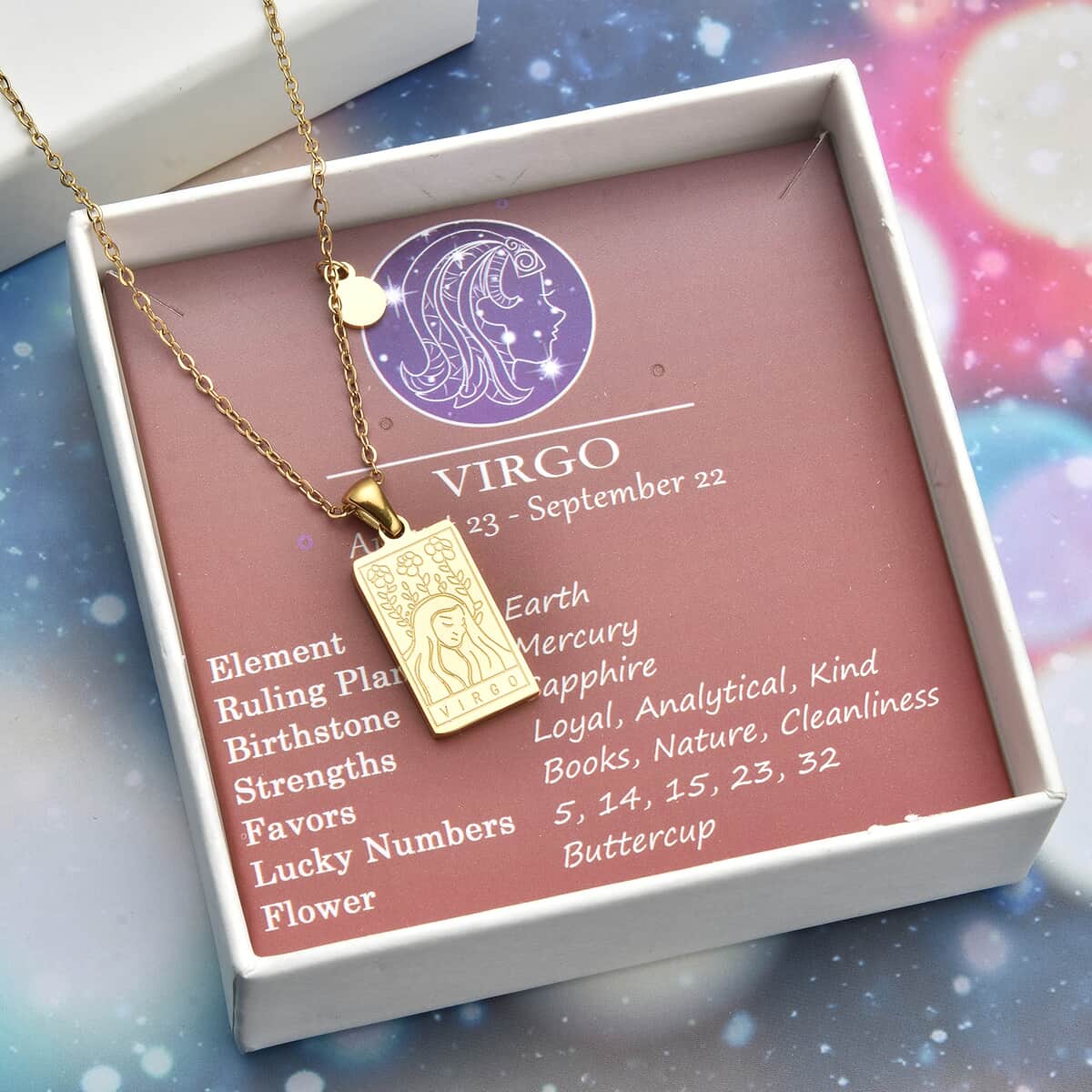 Virgo Zodiac Engraved Dog Tag Pendant Necklace 17.5 Inches in ION Plated Yellow Gold Stainless Steel image number 0