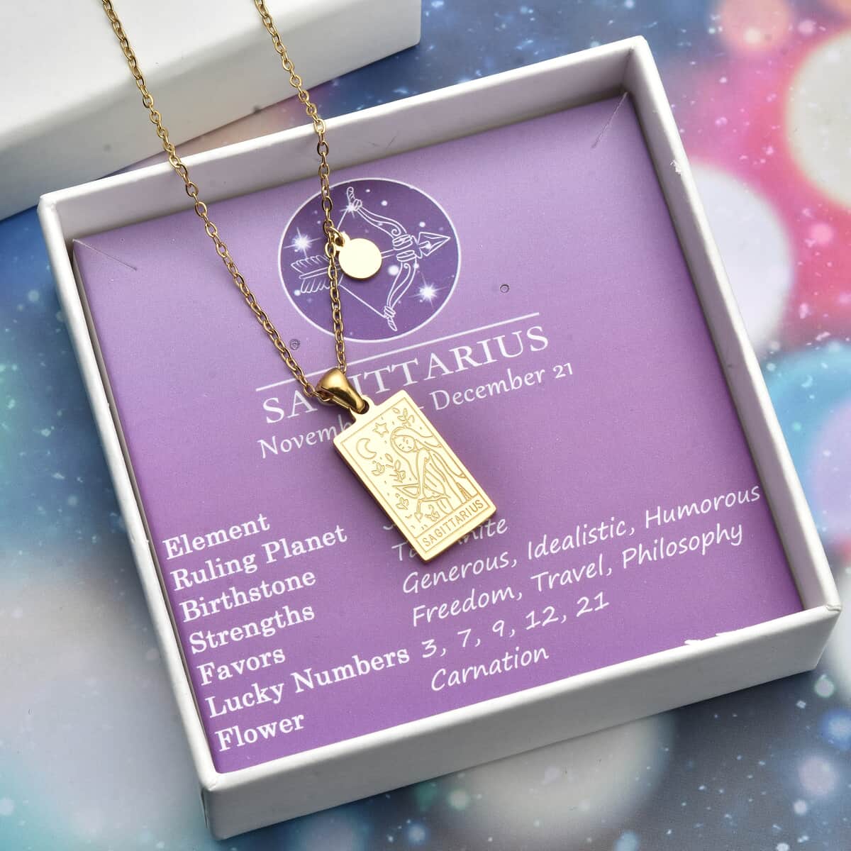 Sagittarius Zodiac Engraved Dog Tag Pendant Necklace 17.5 Inches in ION Plated Yellow Gold Stainless Steel image number 0