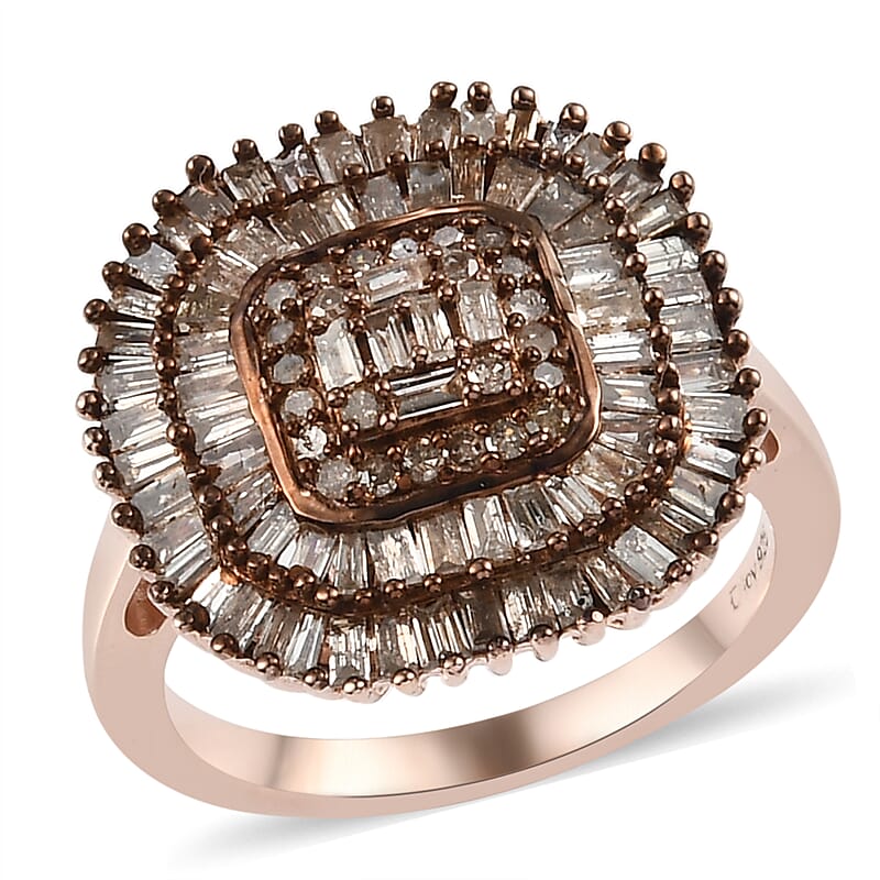 Natural Champagne Diamond Cluster Ring in Vermeil Rose Gold Over Sterling Silver (Size 10.0) 1.50 ctw