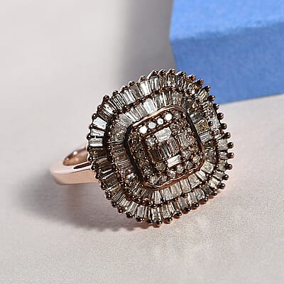 Natural Champagne Diamond Cluster Ring in Vermeil Rose Gold Over Sterling Silver (Size 10.0) 1.50 ctw
