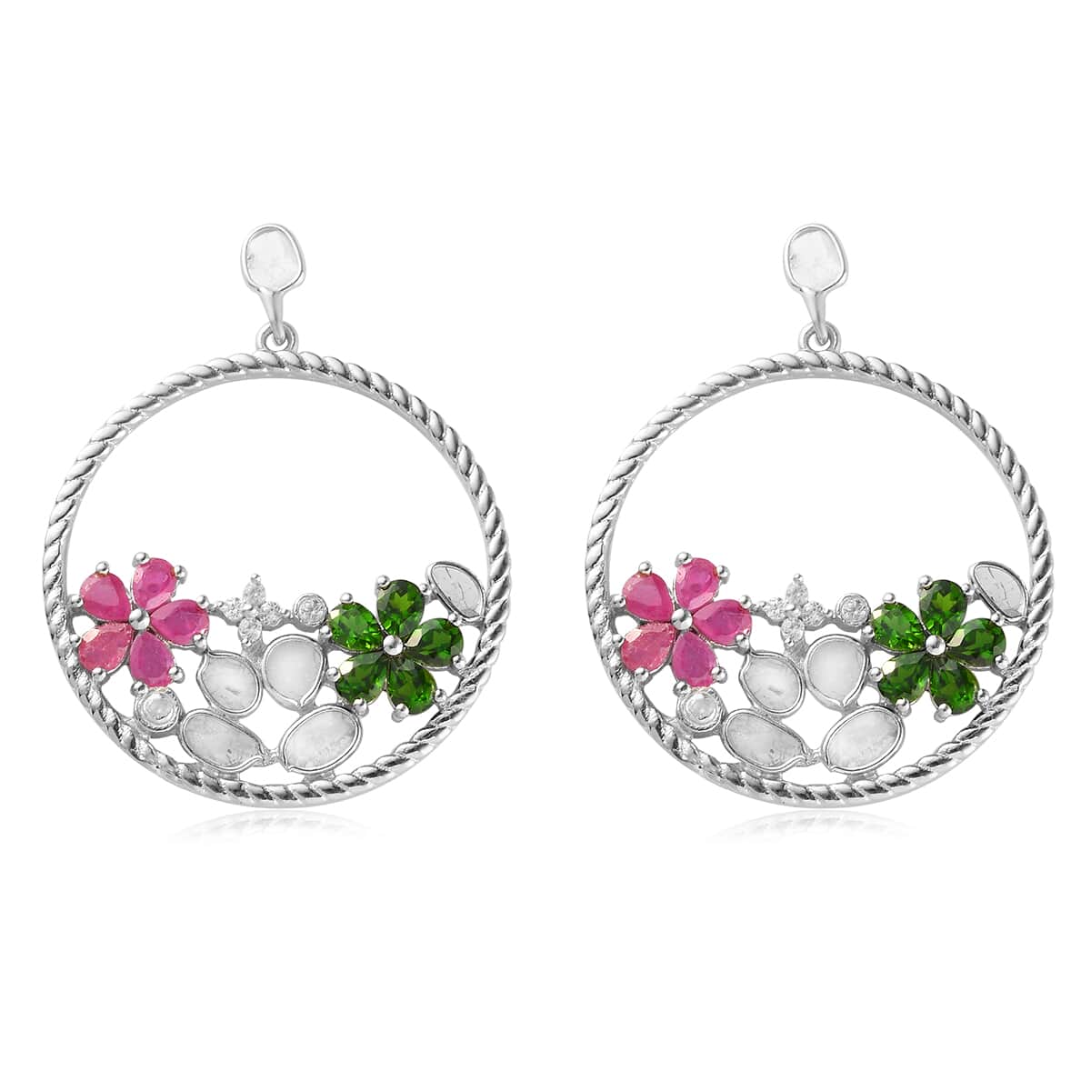 Polki Diamond and Multi Gemstone Floral Earrings in Platinum Over Sterling Silver 4.90 ctw image number 0